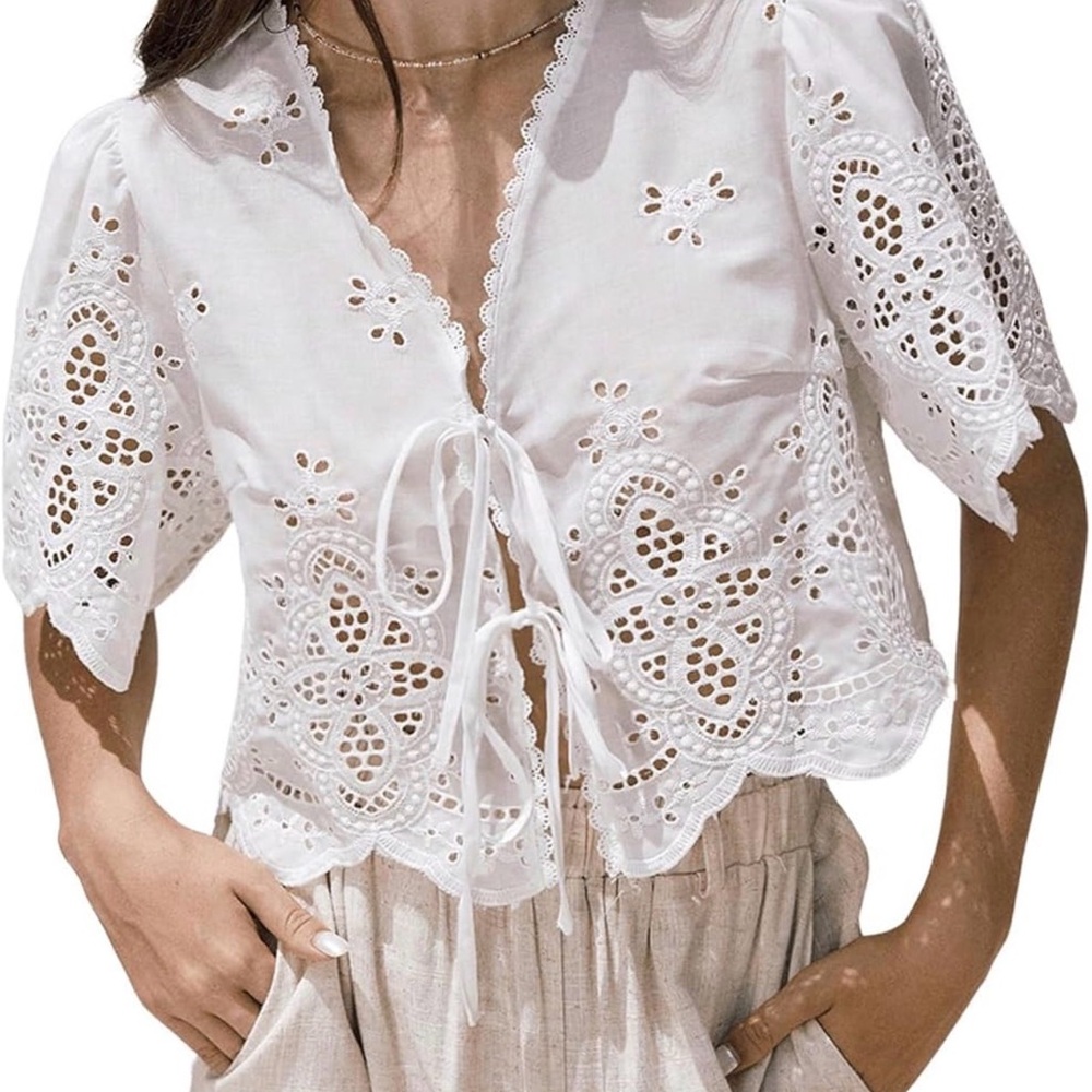 White Eyelet Lace Tie-Front Blouse (PRICED AS MARKED)